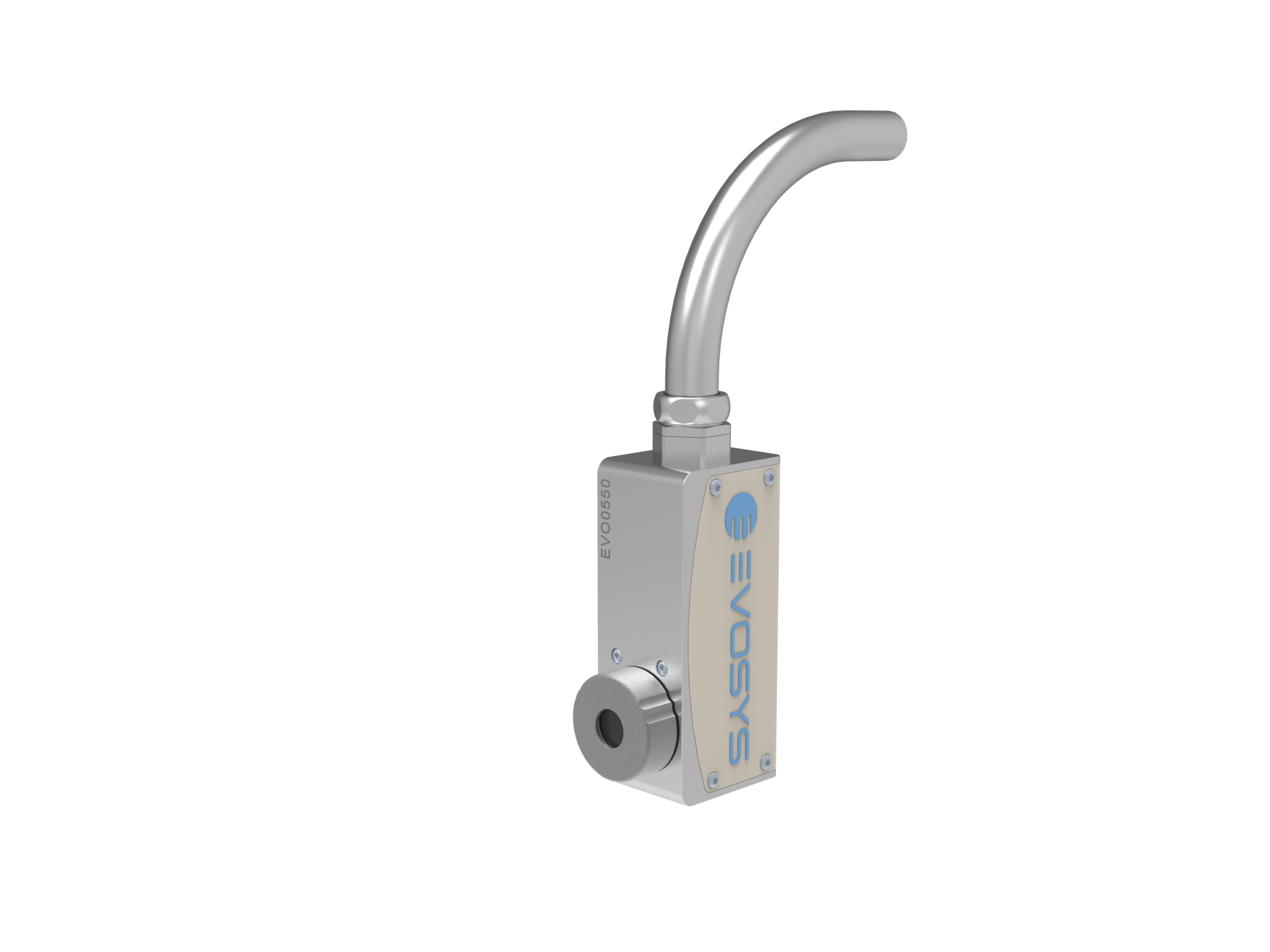 Compact laser welding module for plastics with integrated optics and curved connection cable, designed for precise industrial applications