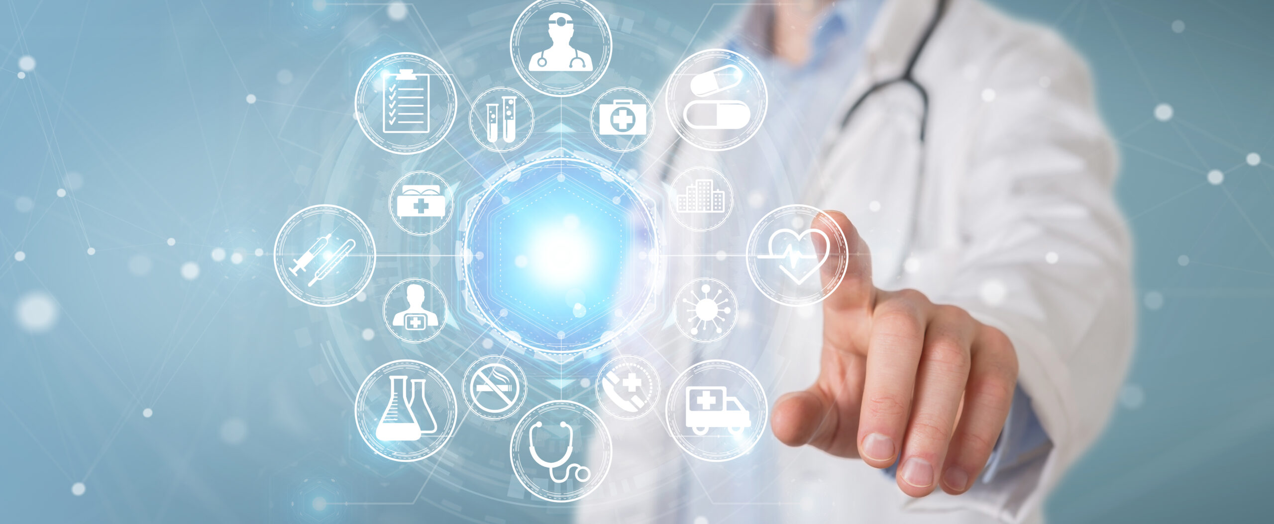 Doctor interacting with digital healthcare interface showing medical icons, representing modern medical technology, diagnostics, and connected healthcare systems